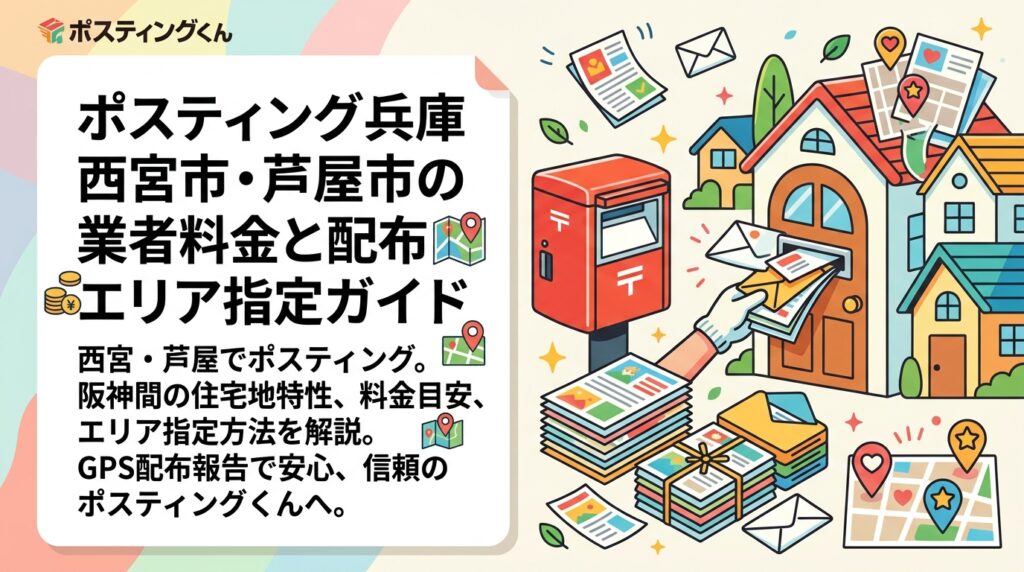 西宮市・芦屋市でポスティングをお考えの事業者向けに、阪神間の住宅地特性・料金目安・エリア指定方法を実務的に解説。GPSで配布報告が確認できる安心の代行業者をお探しならポスティングくんへ。