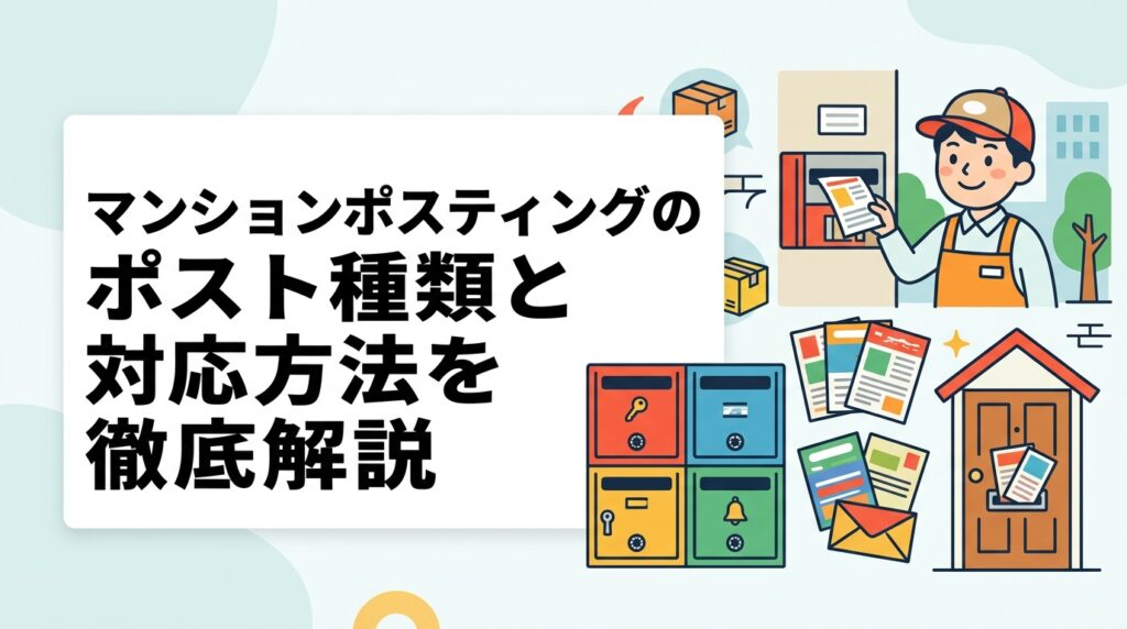 マンション・集合住宅へのポスティングで知っておくべきポスト種類と対応方法を解説。オートロック・宅配ボックス付き・管理組合規定・投函禁止シールの扱いまで実務的に紹介します。