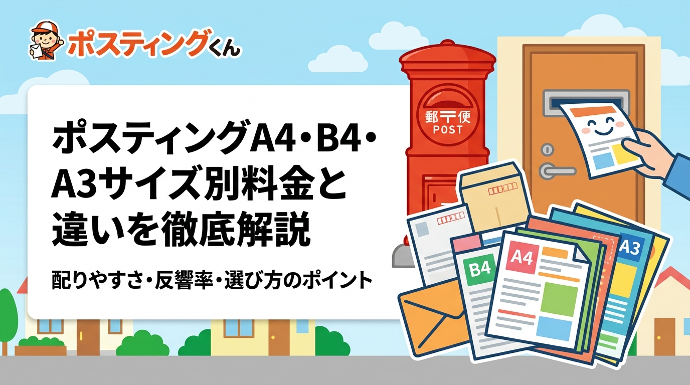 ポスティングでよく使われるA4・B4・A3チラシの配布料金の目安と違いを実務的に解説。サイズによる投函しやすさ・反響率への影響・選び方のポイントをわかりやすく説明します。