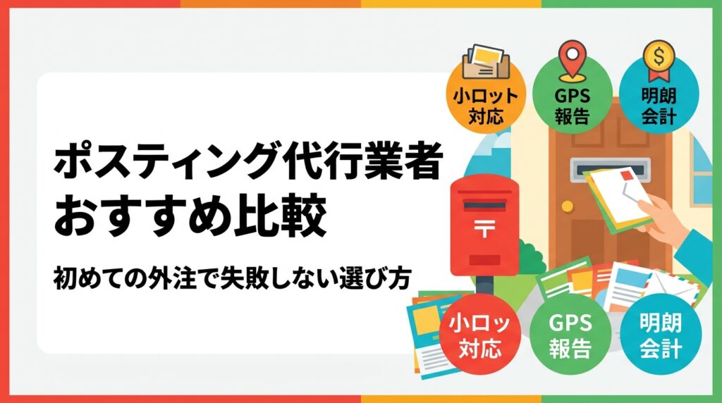 ポスティング代行業者をおすすめ順に比較。GPS報告・小ロット対応・明朗会計・全国対応など初めての外注で失敗しない判断軸を実務的に解説。料金目安や業者チェックリストも紹介。