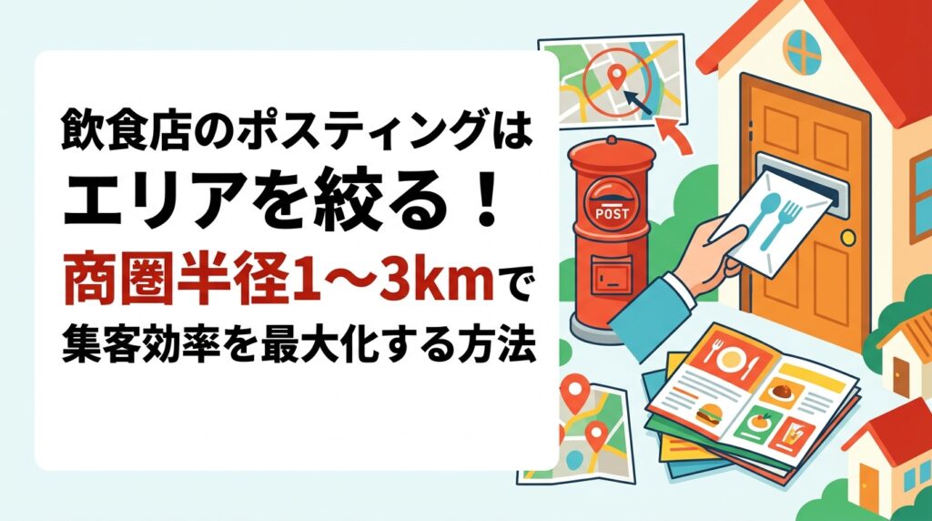 飲食店のポスティングは商圏半径1〜3kmにエリアを絞るのが効果的。徒歩・車圏内に集中配布することで費用を抑えながら来店率を高める実務的な方法を解説します。