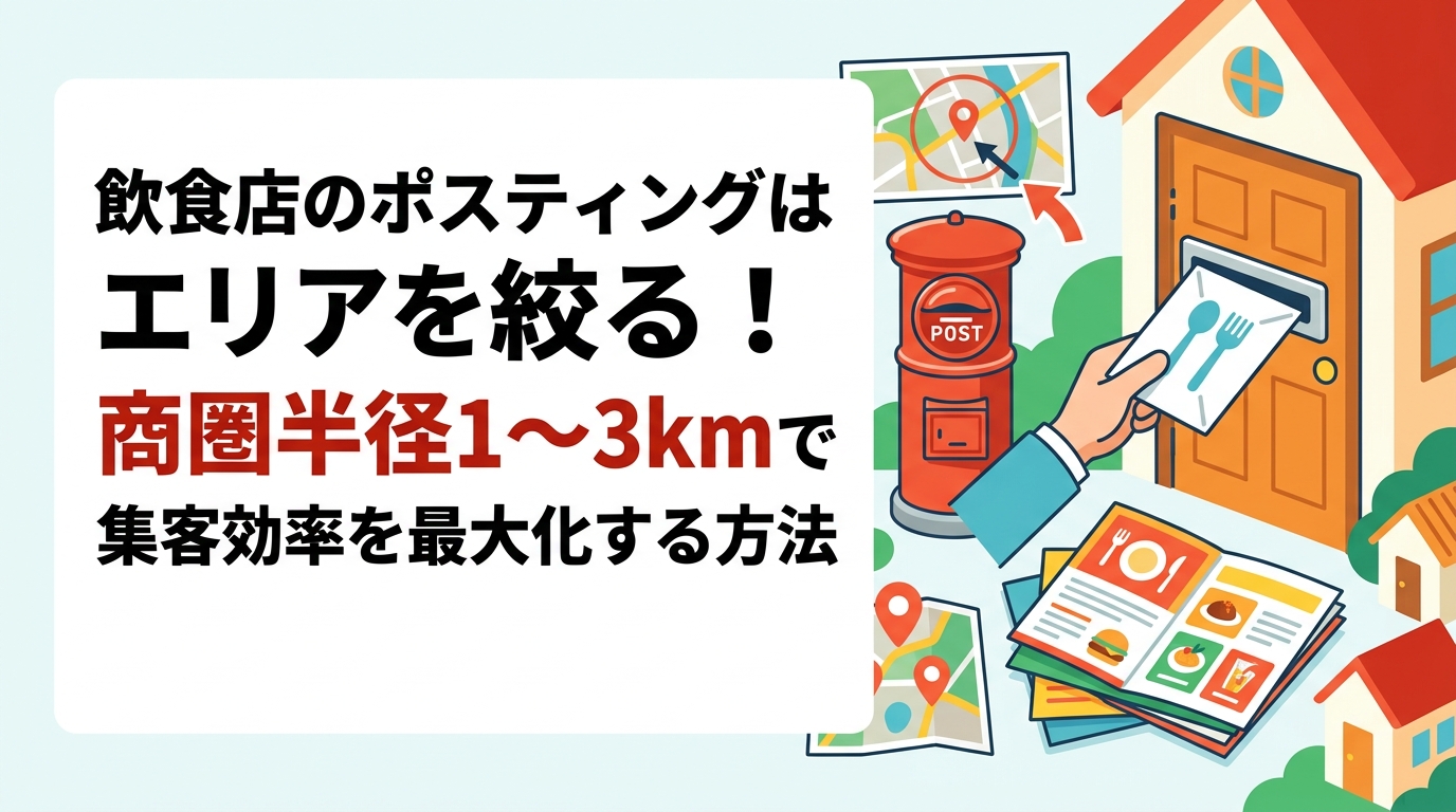 飲食店のポスティングは商圏半径1〜3kmにエリアを絞るのが効果的。徒歩・車圏内に集中配布することで費用を抑えながら来店率を高める実務的な方法を解説します。