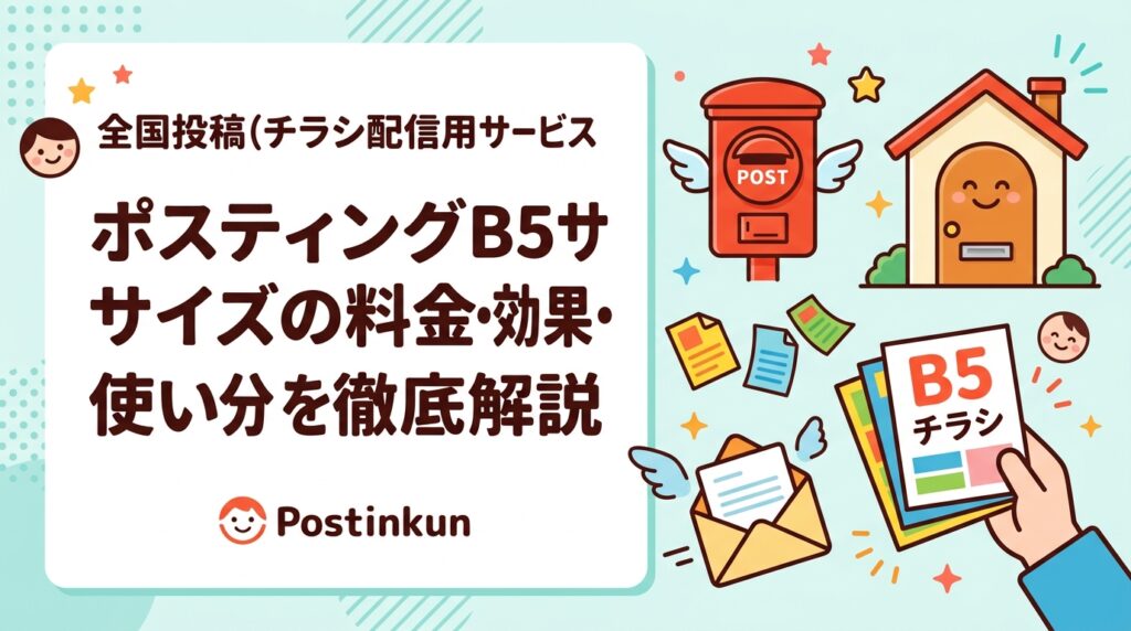 ポスティングでB5チラシを使う際の料金目安、A4・A3との比較、視認性の違い、業種別の推奨サイズを実務的に解説。サイズ選びで迷っている事業者に役立つ情報をまとめました。