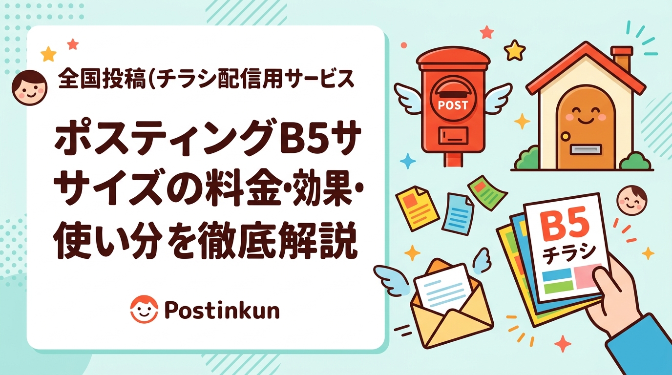ポスティングでB5チラシを使う際の料金目安、A4・A3との比較、視認性の違い、業種別の推奨サイズを実務的に解説。サイズ選びで迷っている事業者に役立つ情報をまとめました。
