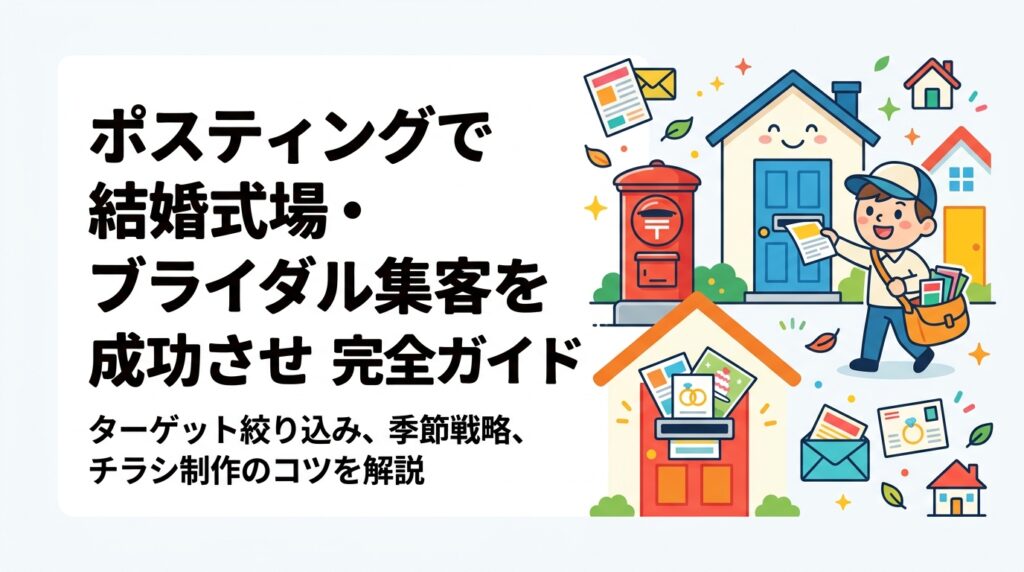 結婚式場・ブライダル施設がポスティングで集客を強化する方法を解説。ターゲット世帯の絞り方、季節戦略、チラシ制作のコツまで実務的に紹介します。