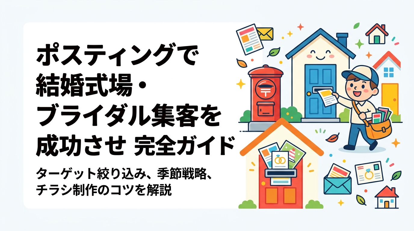 結婚式場・ブライダル施設がポスティングで集客を強化する方法を解説。ターゲット世帯の絞り方、季節戦略、チラシ制作のコツまで実務的に紹介します。