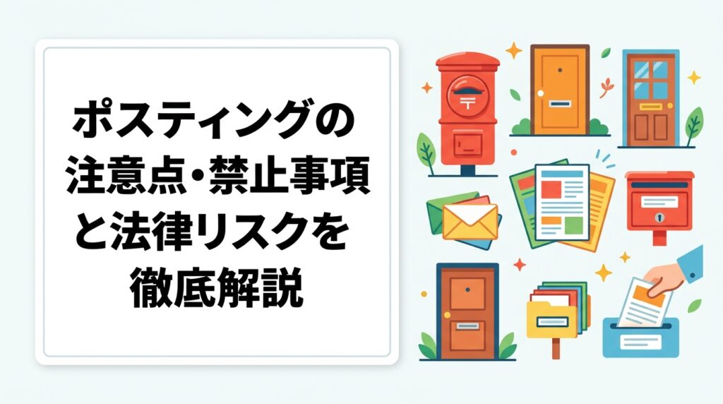 ポスティングの注意点・禁止事項・法律リスクを実務目線で解説。迷惑防止条例、不法投棄、投函禁止物件の対応から、クレーム軽減策・GPS報告の活用まで事業者が知るべき情報をまとめました。