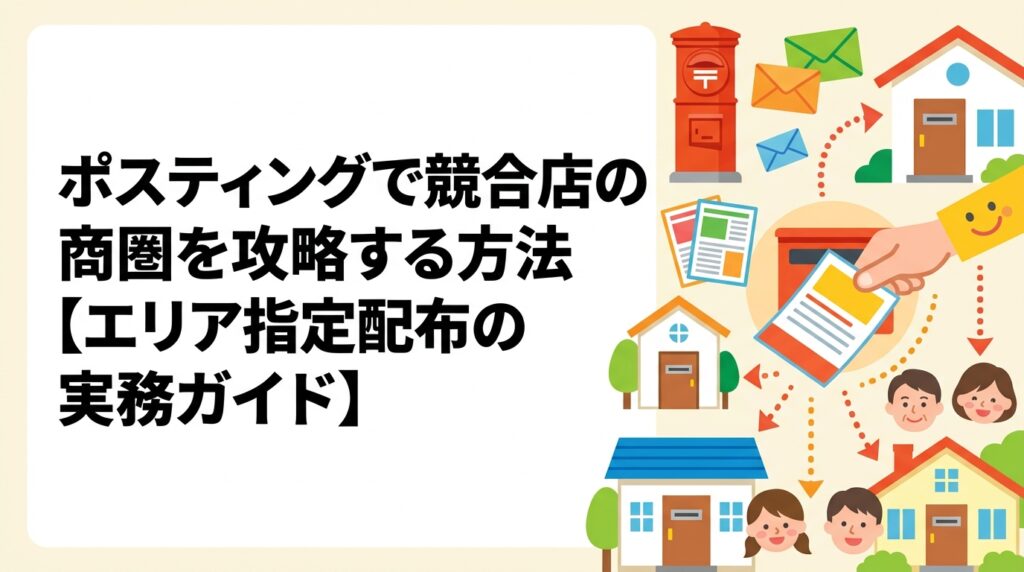 競合店周辺へのピンポイントポスティングで商圏を攻略する実務的な方法を解説。エリア指定配布の考え方・広域配布との違い・効果を出すためのチラシ設計まで具体的に紹介します。