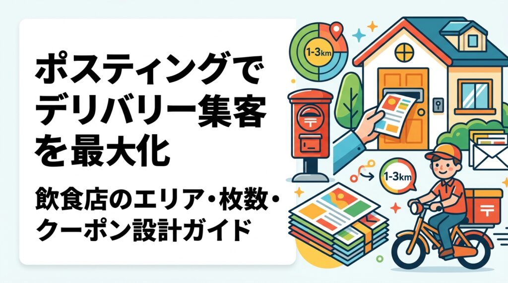 デリバリー対応の飲食店がポスティングで集客するための、半径1〜3kmエリア設計・配布枚数の目安・クーポン＆QRコード活用による反響測定方法を実務的に解説します。