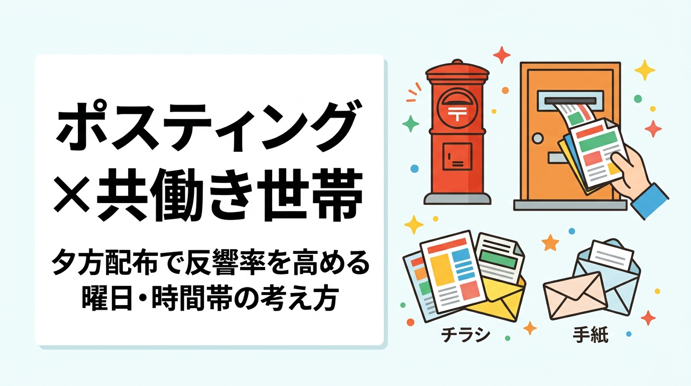 共働き世帯へのポスティングは配布タイミングが反響率を左右します。在宅率が上がる夕方以降・曜日ごとの特性を実務視点で解説。飲食・サービス業の販促担当者必読の目安ガイドです。