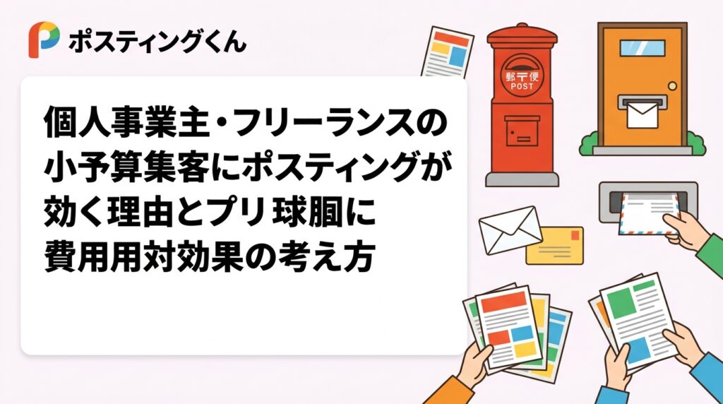 予算が限られた個人事業主・フリーランスにポスティングがおすすめの理由を解説。小ロット数百枚からの依頼方法、予算別の配布枚数目安、自分で配る場合との比較まで実務的に紹介します。