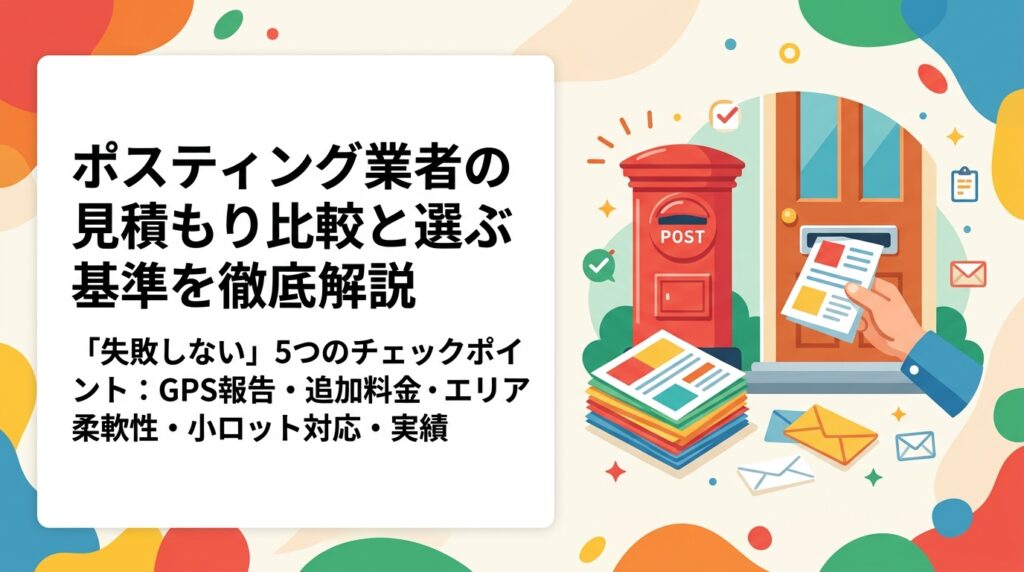 ポスティング業者を比較するとき、GPS報告・追加料金・エリア柔軟性・小ロット対応・実績の5軸でチェックすると失敗しにくい。見積もりの読み方と業者選びの基準を販促担当者向けに実務的に解説します。