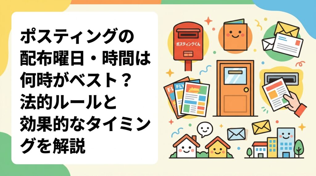 ポスティングの配布曜日・時間帯はいつがベスト？深夜・早朝の法的注意点、反響率が高い曜日・時間の目安、クレーム防止策、曜日・時間指定できる業者の選び方まで実務的に解説します。