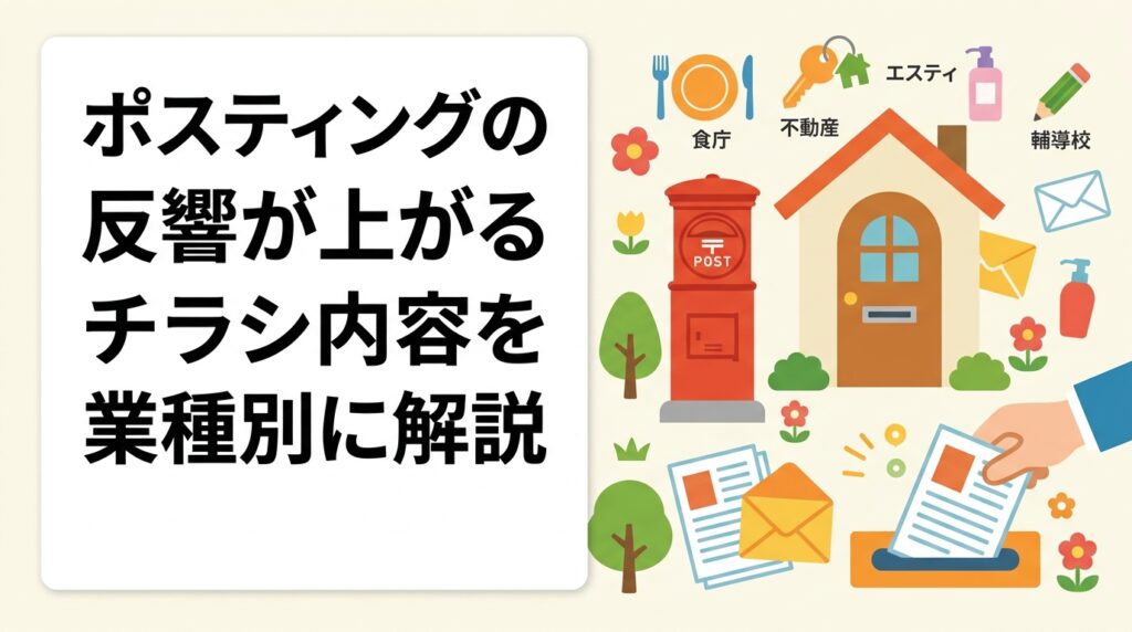 ポスティングの反響が上がるチラシ内容を業種別（飲食・不動産・美容・塾）に解説。デザイン・配布エリア・枚数・時期の組み合わせを実務的に紹介し、反響率の目安も明記します。