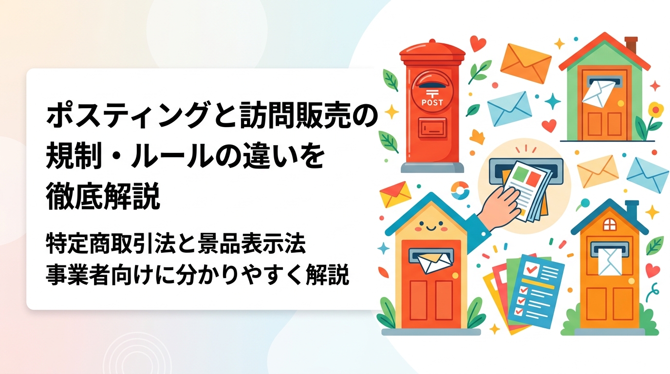 ポスティングと訪問販売は法律上の扱いが異なります。特定商取引法の適用外となるポスティングの根拠と、景品表示法など守るべきルールを事業者向けに分かりやすく解説します。