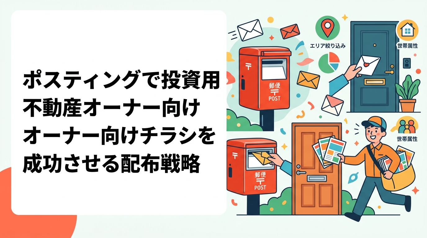 投資用不動産のチラシをポスティングで届けるには、エリアと世帯属性の絞り込みが鍵。反響率の目安や配布方法の選定ポイントを実務視点で解説します。