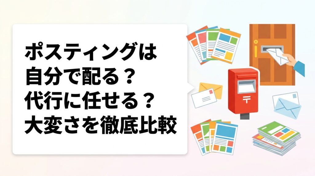 ポスティングを自分で配るのは大変？代行との費用・手間・反響率を具体的に比較。GPS配布報告・明朗会計・小ロット対応のポスティングくんが判断軸をわかりやすく解説します。