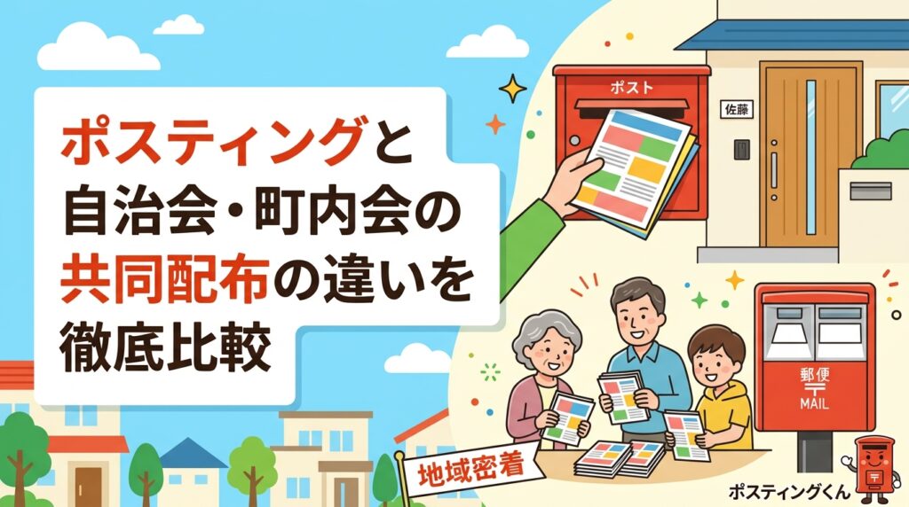 ポスティング代行と自治会・町内会の共同配布はどう違うのか。配布スピード・エリア精度・コストを中立的に比較し、中小事業者が選ぶべき配布方法をわかりやすく解説します。