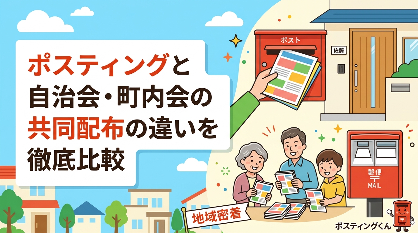 ポスティング代行と自治会・町内会の共同配布はどう違うのか。配布スピード・エリア精度・コストを中立的に比較し、中小事業者が選ぶべき配布方法をわかりやすく解説します。