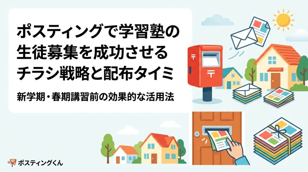 学習塾の生徒募集にポスティングを活用する方法を解説。新学期・春期講習前の配布タイミング、小中学校周辺1km以内への絞り込み配布、チラシ設計のポイントまで実務的に紹介します。