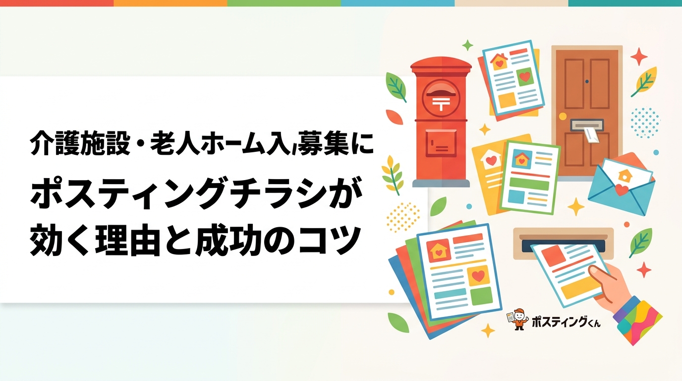 介護施設・有料老人ホームの入居者募集にポスティングを活用する方法を解説。ターゲットエリアの絞り方から訴求内容の注意点、景品表示法への対応まで実務的に紹介します。