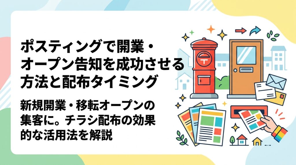 新規開業・移転オープンの告知にポスティングが効果的な理由と、チラシ配布のタイミング・デザイン・エリア選定など実務的な活用法を詳しく解説します。
