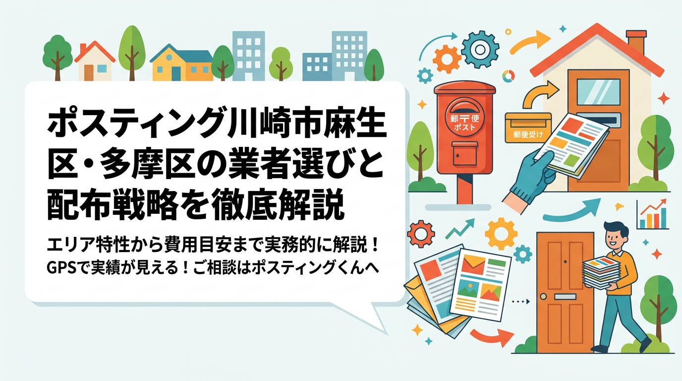 川崎市麻生区・多摩区でポスティングを検討中の事業者向けに、エリア特性・配布方法の使い分け・費用目安・業者の選び方を実務的に解説。GPSで配布実績が見えるポスティングくんにご相談ください。