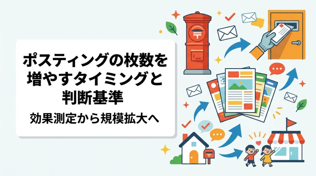 ポスティングの枚数を増やすタイミングを反響率・来店数などの指標から実務的に解説。小ロット配布→効果測定→段階的な枚数拡大のステップと判断基準を具体的に紹介します。
