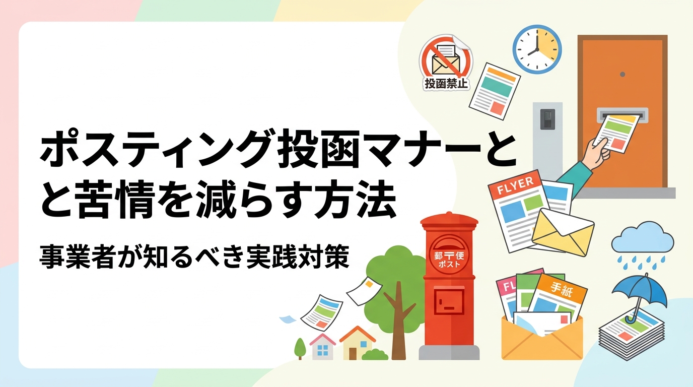 ポスティングの苦情・クレームを減らすには投函マナーの徹底が不可欠です。投函禁止シール対応・時間帯・雨天対策など実務的な注意点と、信頼できる代行業者の選び方を詳しく解説します。