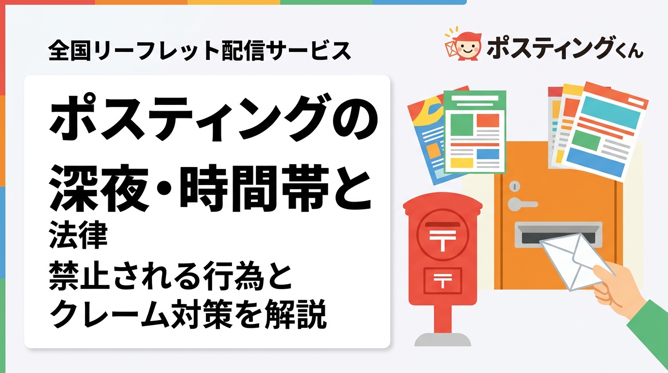 ポスティングの深夜配布は法律上どう扱われる?迷惑防止条例との関係、クレームリスク、適切な配布時間帯の目安をわかりやすく解説。業者選びのポイントも紹介します。
