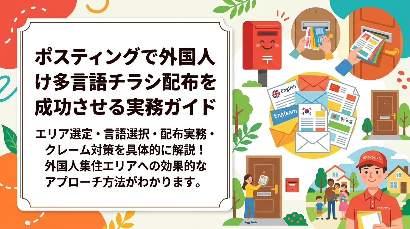 外国人居住者向けに多言語チラシをポスティングする際のエリア選定・言語選択・配布実務・クレーム対策を具体的に解説。外国人集住エリアへの効果的なアプローチ方法がわかります。
