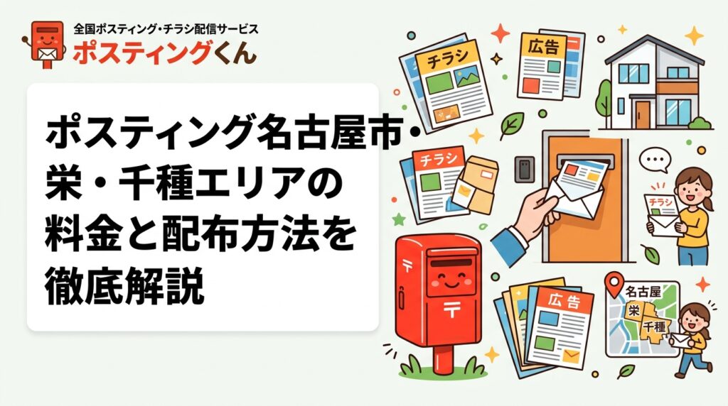 名古屋市の栄・千種・中区・緑区など区単位でポスティングエリアを指定する方法と料金目安を解説。GPS配布報告で安心の実績管理、小ロット対応も可能なポスティングくんの特徴をご紹介します。