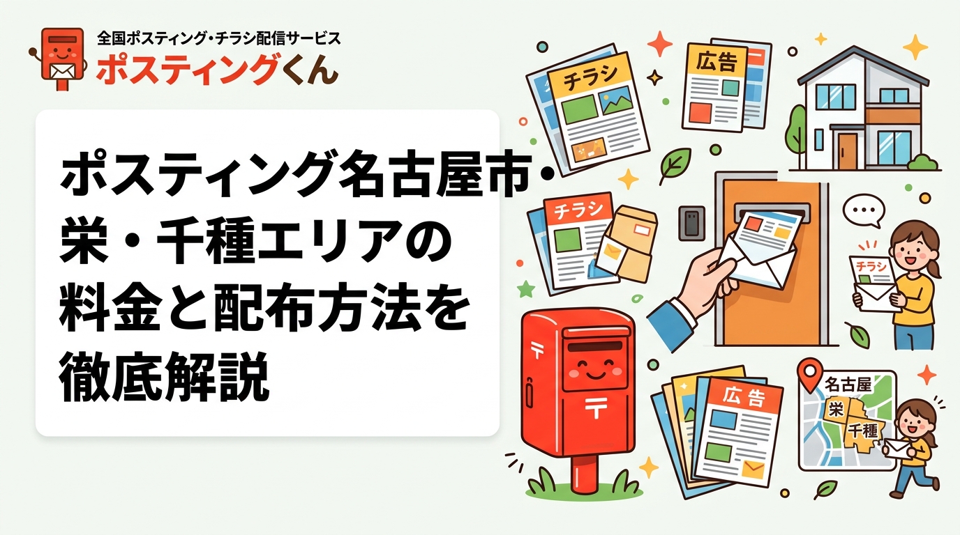 名古屋市の栄・千種・中区・緑区など区単位でポスティングエリアを指定する方法と料金目安を解説。GPS配布報告で安心の実績管理、小ロット対応も可能なポスティングくんの特徴をご紹介します。