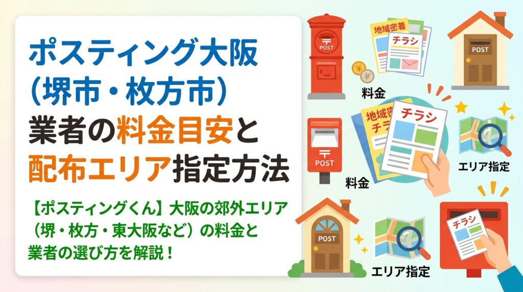 大阪府の堺市・枚方市・東大阪など郊外エリアのポスティング料金目安と業者の選び方を解説。エリア指定・小ロット対応・GPS報告の安心感など実務に役立つ情報を紹介します。