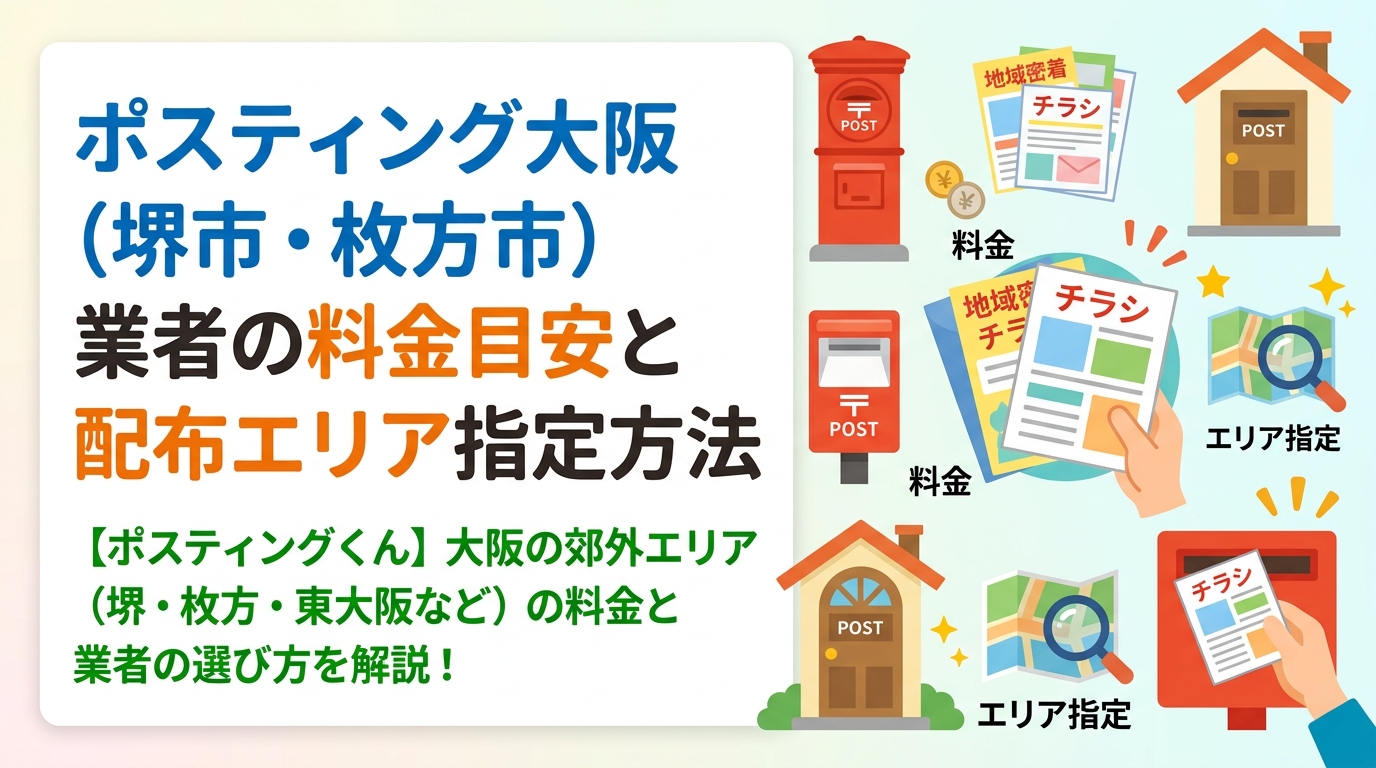 大阪府の堺市・枚方市・東大阪など郊外エリアのポスティング料金目安と業者の選び方を解説。エリア指定・小ロット対応・GPS報告の安心感など実務に役立つ情報を紹介します。
