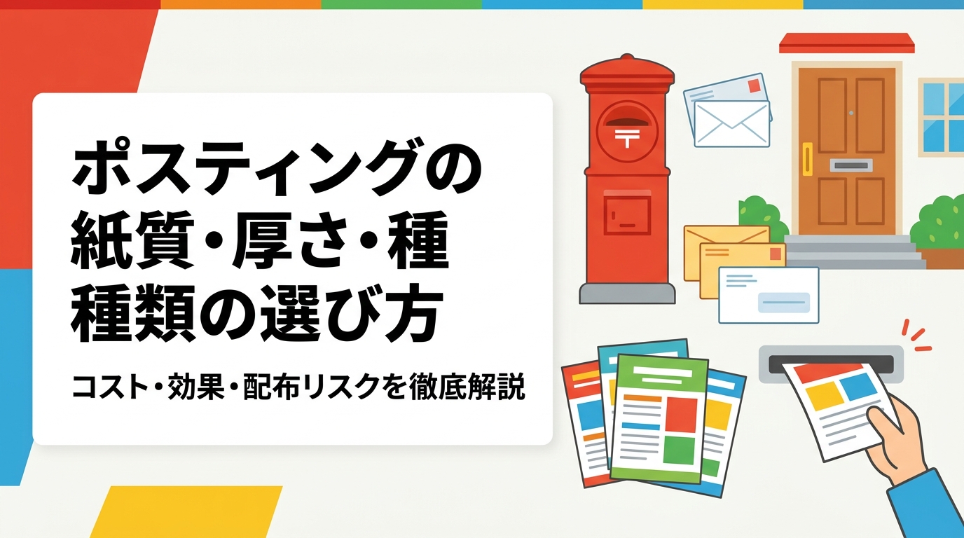 ポスティング用チラシの紙質・厚さ・種類の選び方を実務的に解説。コート紙・マット紙・上質紙の違いから、ポスト投函時の破れ・汚れリスク、印刷コストへの影響まで販促担当者向けに詳しく紹介。