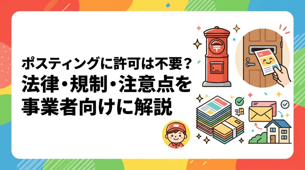 ポスティングは原則として許可不要ですが、私有地への立入・管理組合規約・お断り表示・景品表示法など複数の規制が絡みます。法的リスクを正確に把握して安全にチラシ配布を始めるための実務ポイントをわかりやすく解説します。