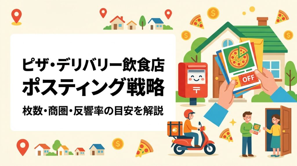 デリバリー・テイクアウト飲食店向けにポスティングの効果的な配布枚数・商圏半径の考え方・クーポン活用法を実務目線で解説。反響率の目安や繰り返し配布のコツも紹介します。