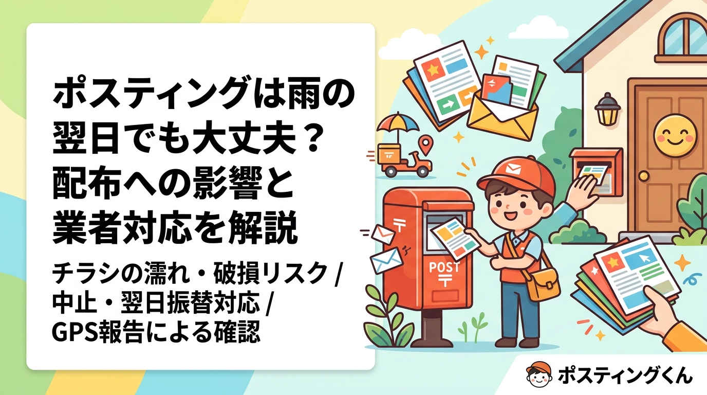 ポスティングを雨や悪天候で依頼するのは不安という方へ。チラシの濡れ・破損リスク、業者ごとの中止・翌日振替対応、GPS報告による確認方法など実務的に解説します。