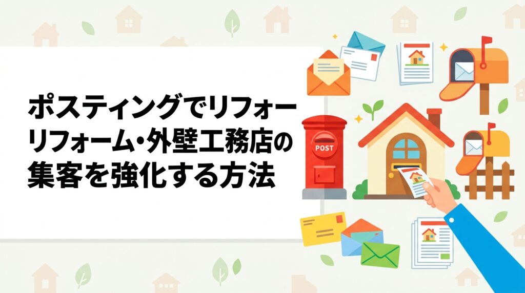 リフォーム・外壁塗装業がポスティングで集客するコツを解説。築古エリアへの絞り込み配布、一戸建て軒並み配布の効果、GPS報告による配布実績の担保など実務的なポイントを詳しく紹介します。