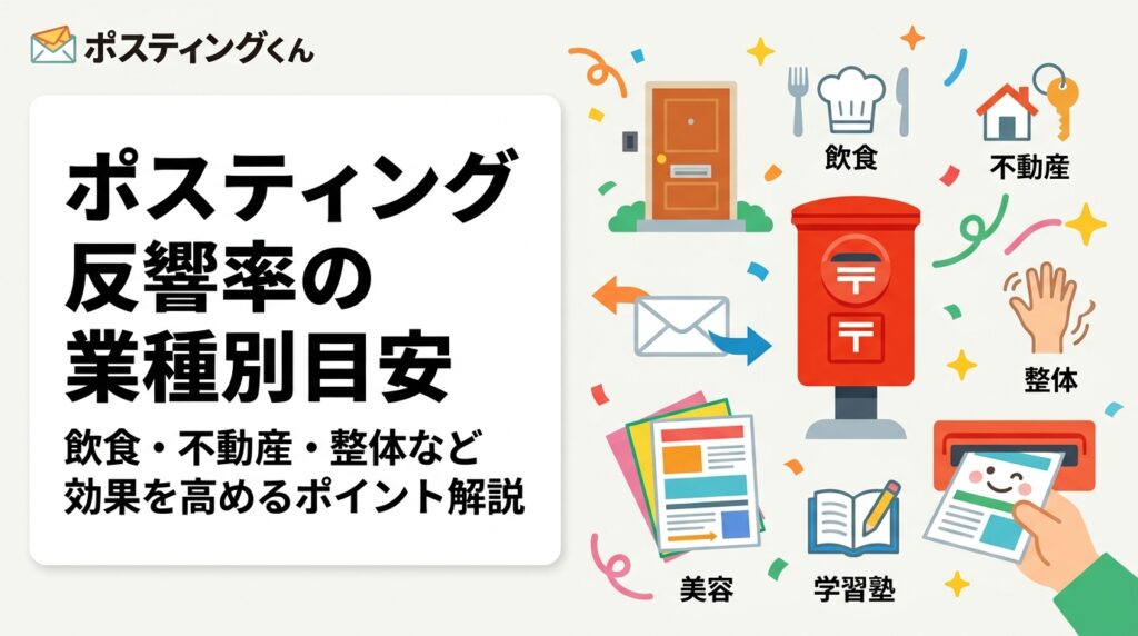 ポスティングの反響率を飲食・不動産・整体・学習塾・美容など業種別に目安として解説。効果を左右するデザイン・エリア・枚数・タイミングの要点も整理し、チラシ配布で成果を出したい販促担当者を徹底サポート。