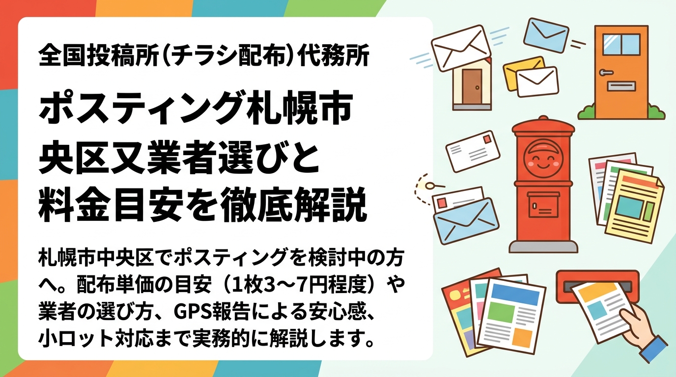 札幌市中央区でポスティングを検討中の方へ。配布単価の目安（1枚3〜7円程度）や業者の選び方、GPS報告による安心感、小ロット対応まで実務的に解説します。