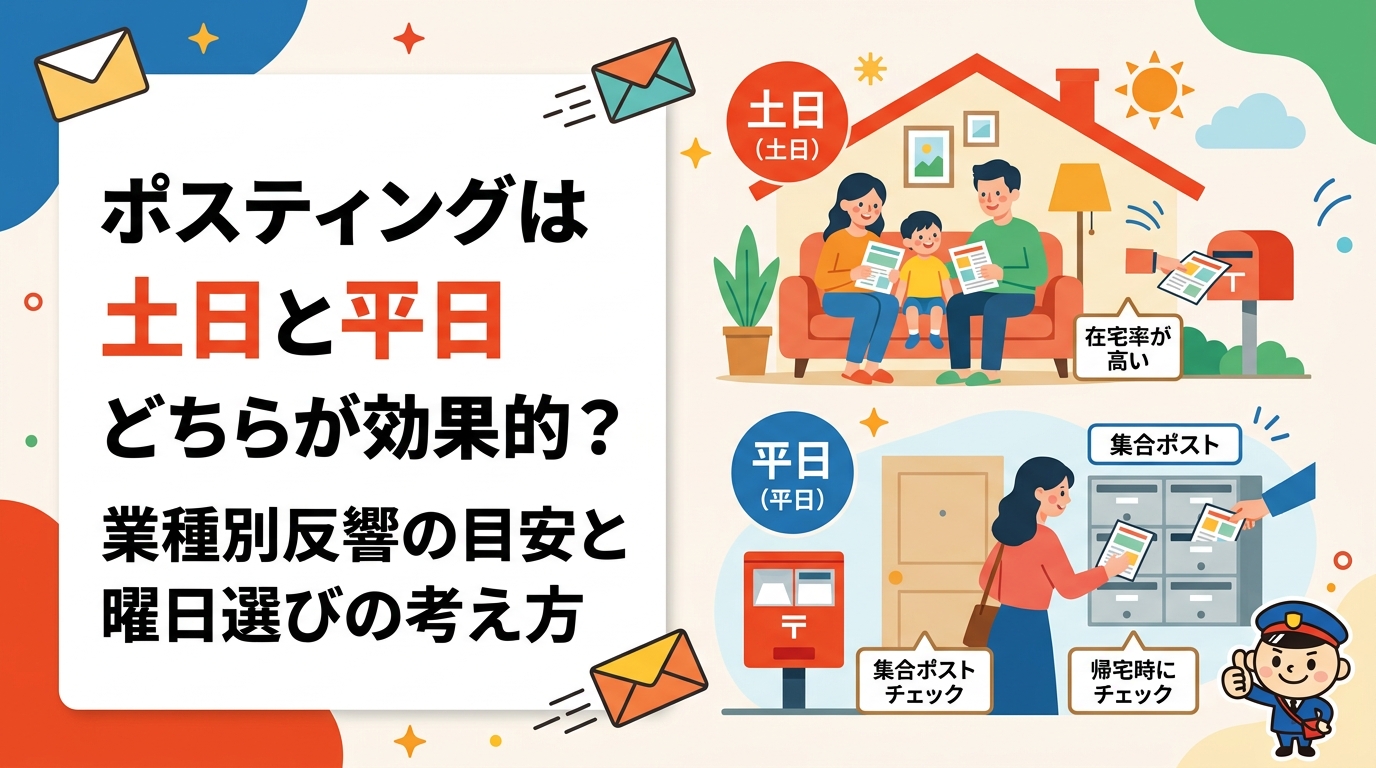 ポスティングの土日・平日配布は何が違う?在宅率・閲覧タイミング・業種別反響の目安をわかりやすく比較。飲食・小売・サービス業の店舗オーナー向けに曜日選びの実践的な考え方を解説します。
