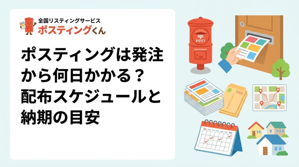 ポスティングの発注から配布完了まで何日かかるか気になる方へ。標準的なスケジュール目安・枚数やエリアによる変動・納期短縮の相談方法をわかりやすく解説します。