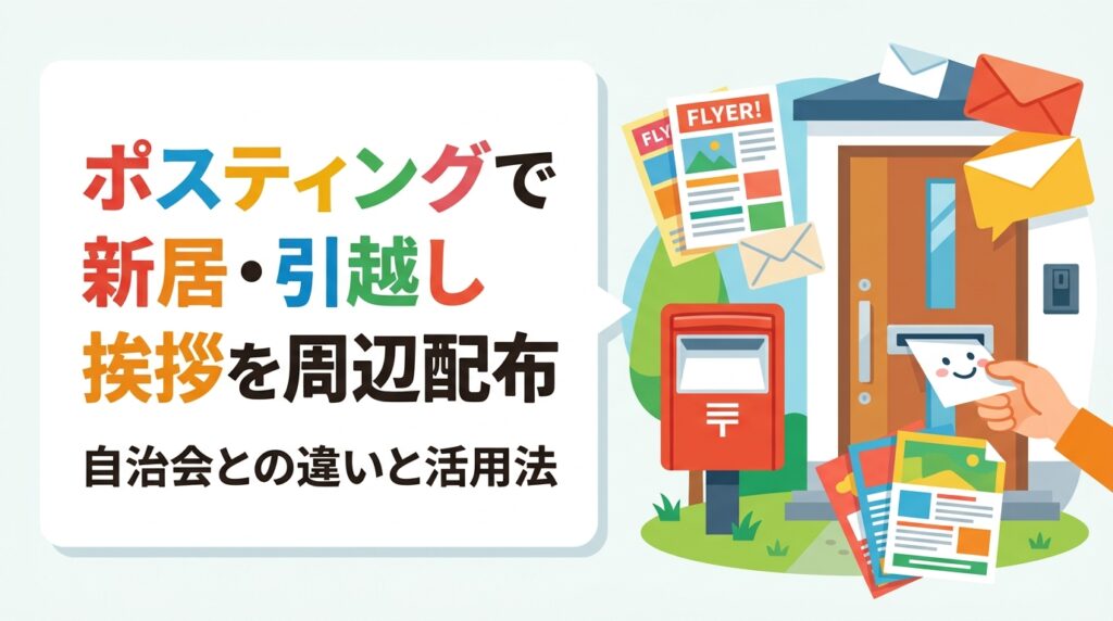 新居購入や転居後の引越し挨拶チラシをポスティングで周辺配布する方法を解説。自治会配布との違い、業者委託のメリット、開業挨拶への活用シーンまで実務的に紹介します。