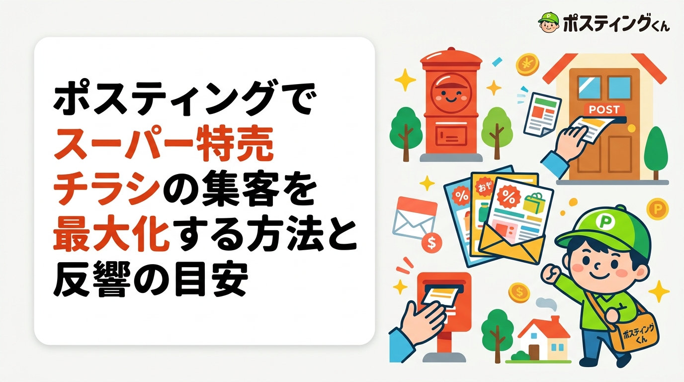 スーパー・食品小売店の特売チラシをポスティングで効果的に配布するコツを解説。商圏とエリアの一致、反響率の業種別目安、費用感まで販促担当者が知りたい実務情報を網羅。