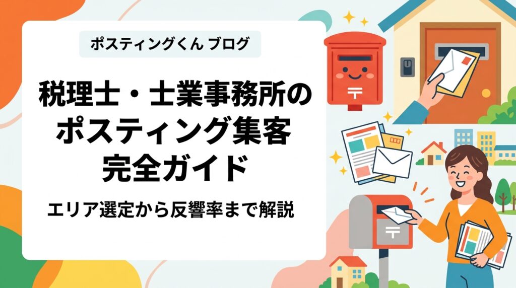 税理士・行政書士・社労士などの士業事務所がポスティングで新規集客する方法を解説。エリア選定・チラシ訴求内容・反響率の目安・活用事例まで実務的にまとめました。