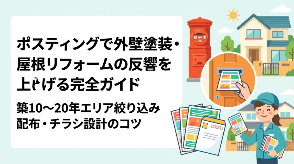 外壁塗装・屋根リフォーム会社がポスティングで集客する方法を徹底解説。築10〜20年エリアへの絞り込み配布、反響率の目安、チラシ設計のコツを実務目線で紹介します。