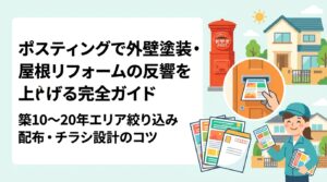 外壁塗装・屋根リフォーム会社がポスティングで集客する方法を徹底解説。築10〜20年エリアへの絞り込み配布、反響率の目安、チラシ設計のコツを実務目線で紹介します。