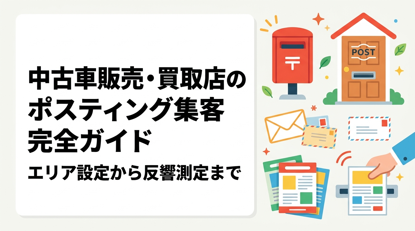 中古車販売・買取店がポスティングで集客するための実践的な方法を解説。商圏に合わせたエリア設定の考え方、QRコードや専用電話番号による反響測定まで、現場で使える情報をまとめました。